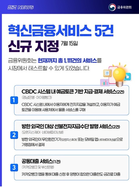 금융위원회, 혁신금융서비스 5건 신규...